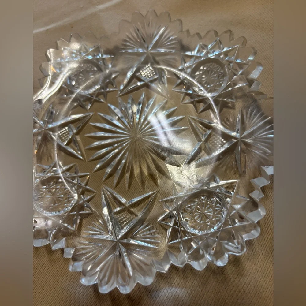 Antique American Brilliant Glass 6” Crystal Dish Bowl Sawtooth Scalloped Star‎